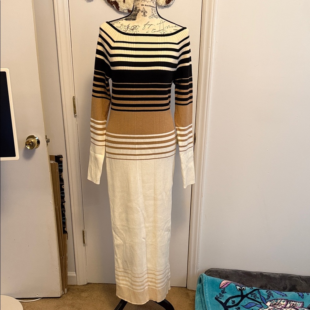 Express Long Sleeve Striped Dress in Black, Tan, and White